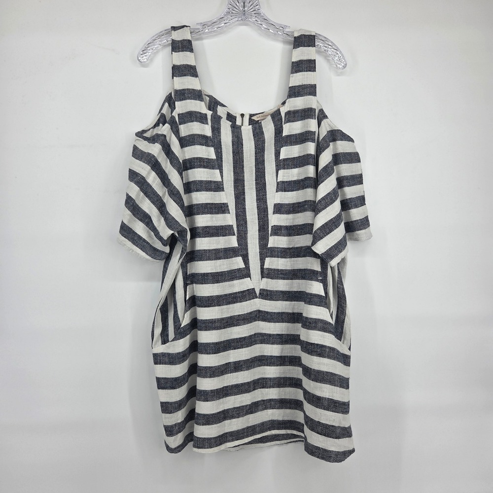 Soft Surroundings Tunic Top Large Blue White Striped Cold Shoulder Coastal Boho